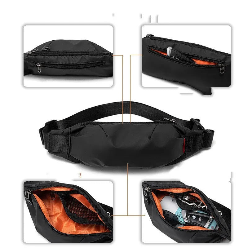 Black Oxford cloth men's waist pack with crossbody strap, showing internal phone and ID pockets.