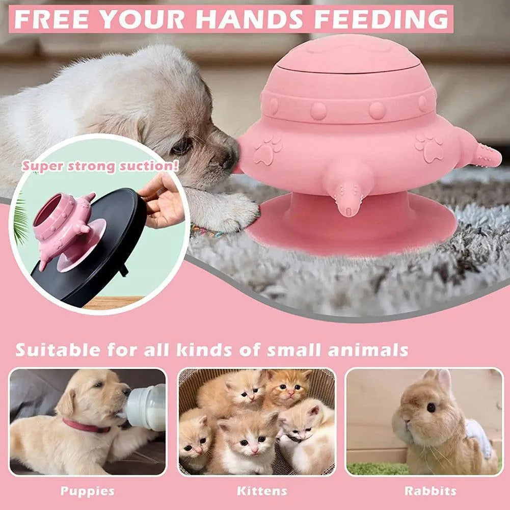 Pink silicone pet nursing device with milk bowl and four pacifiers for puppies and cats