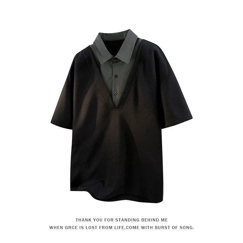Men's heavy Henry collar polo shirt sweater in black and apricot colours showing short sleeve pullover design