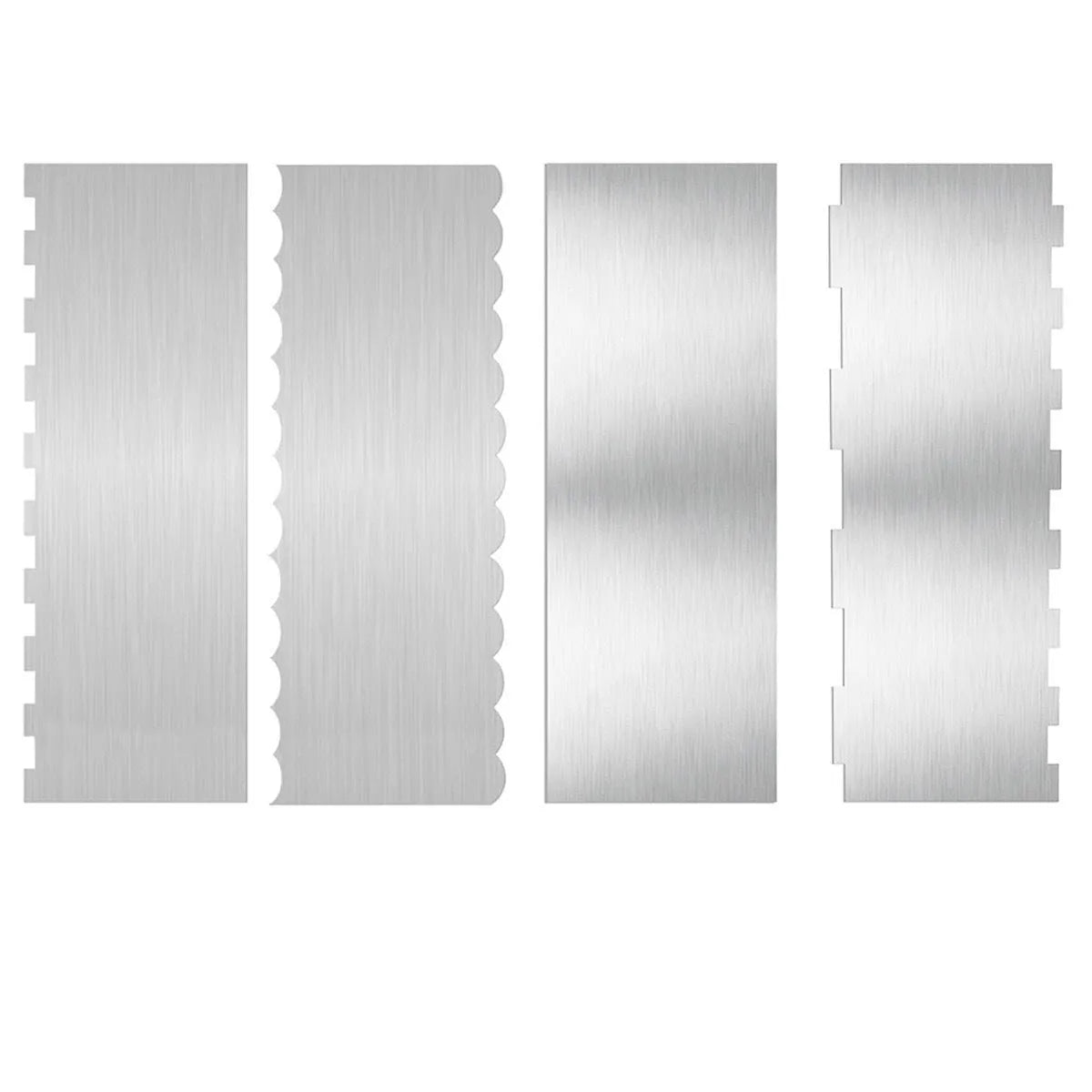 Stainless steel cake scraper with a polygon-patterned edge for textured icing.