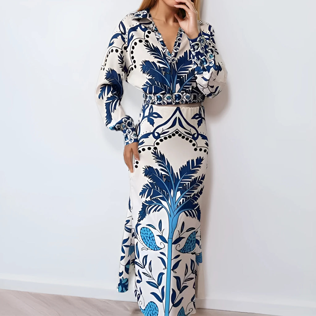 Casual fashion set with long sleeve top and long skirt in picture colour