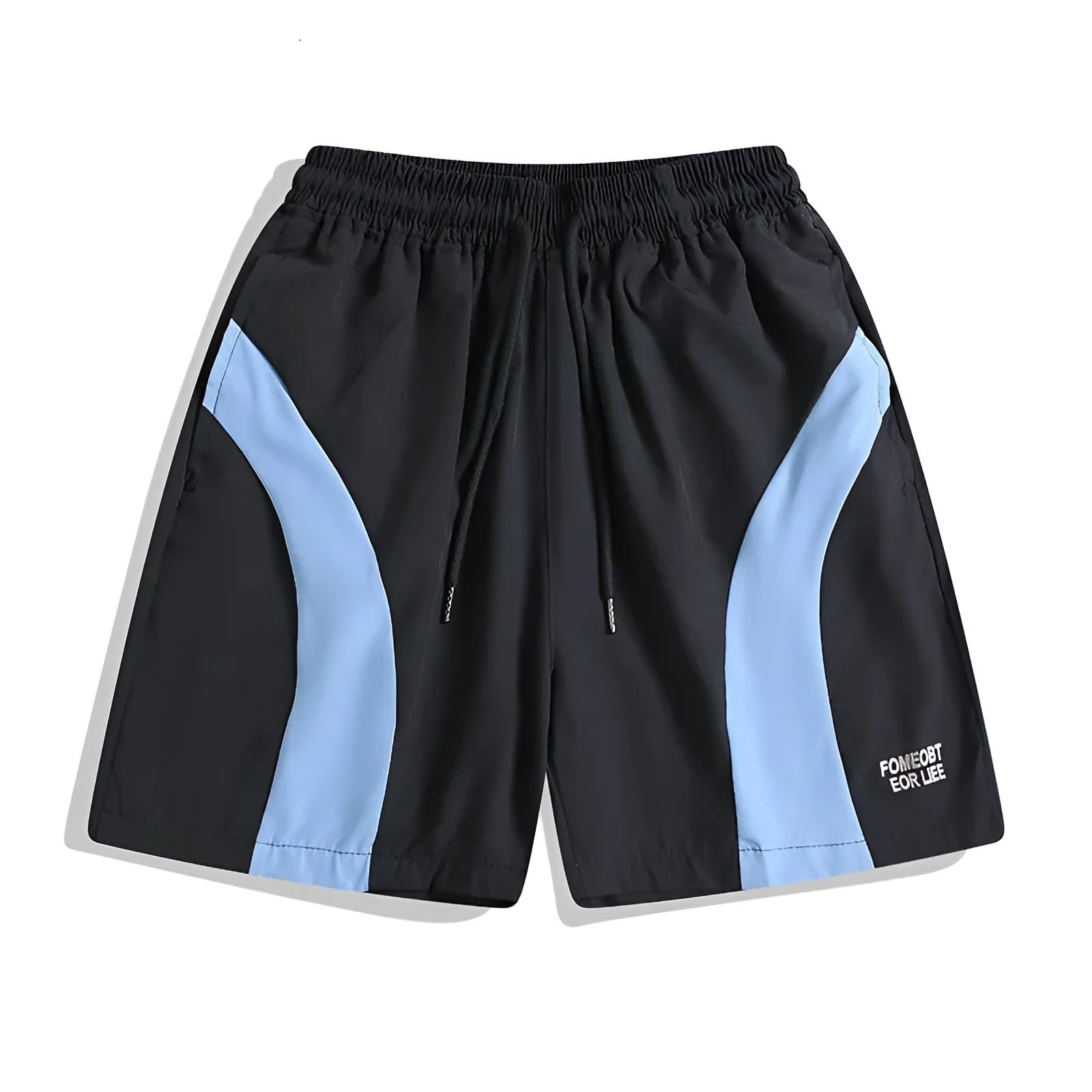 Black loose-fit quick-dry sports shorts with an elastic waistband on a manikin.