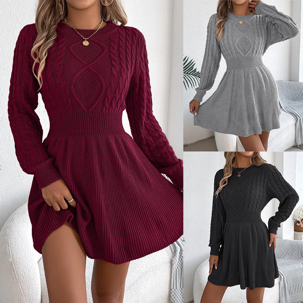 Solid colour long sleeve sweater dress with lantern sleeves and a twist detail at the elastic waist.