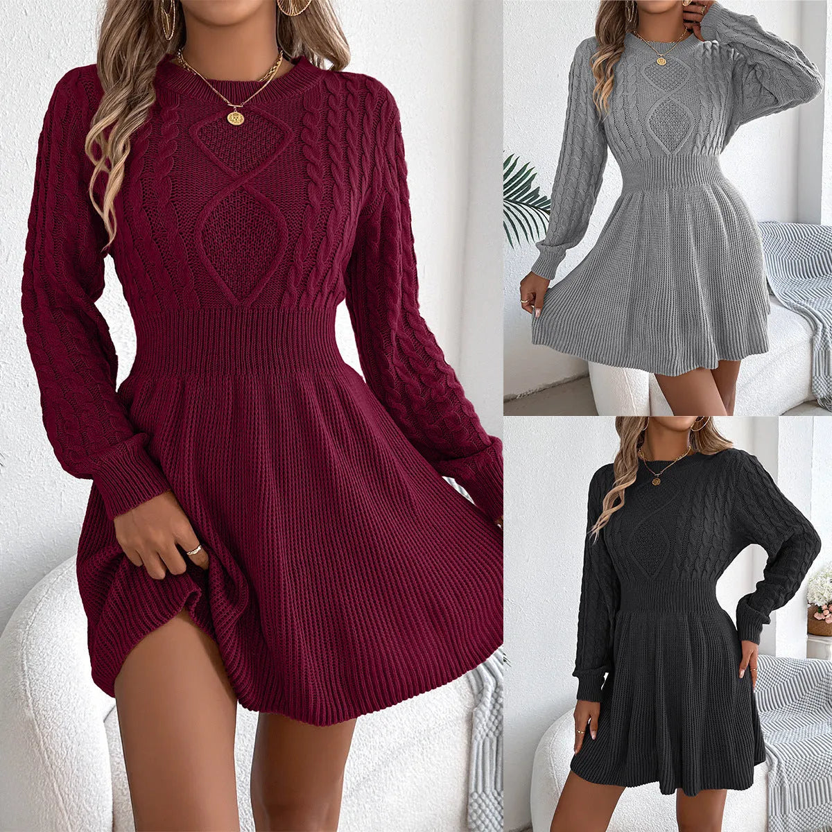 Solid colour long sleeve sweater dress with lantern sleeves and a twist detail at the elastic waist.