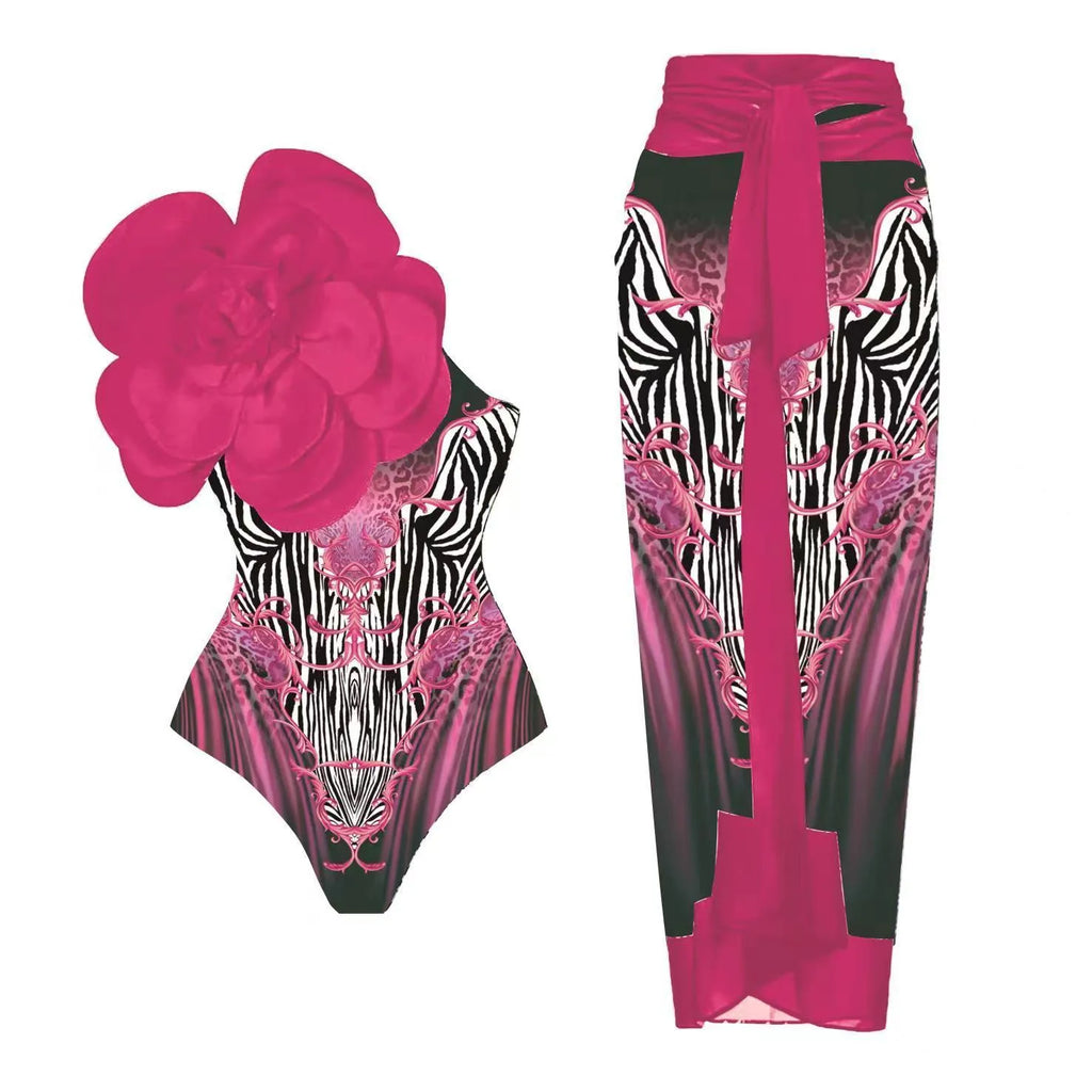 Women's one-piece swimsuit with skirt in floral red pattern