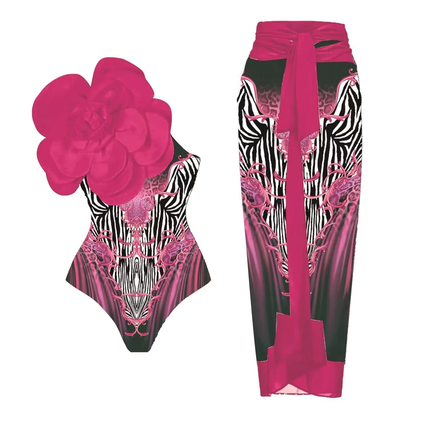 Women's one-piece swimsuit with skirt in floral red pattern