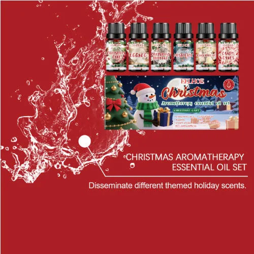 Christmas aromatherapy oil set showing six bottles including 60ml and 10ml sizes