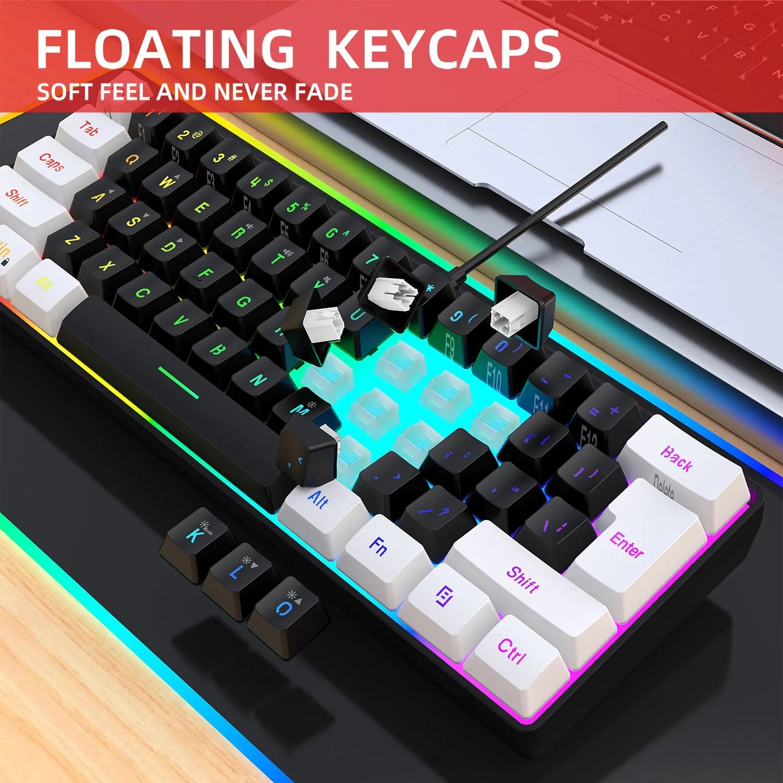 61-key wired membrane keyboard in white and black colour scheme showing compact design and standard key layout
