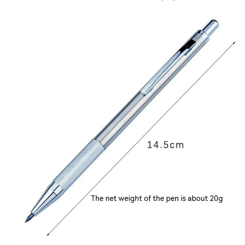 Metal automatic mechanical pencil showing five available lead diameter options from 0.5mm to 2.0mm