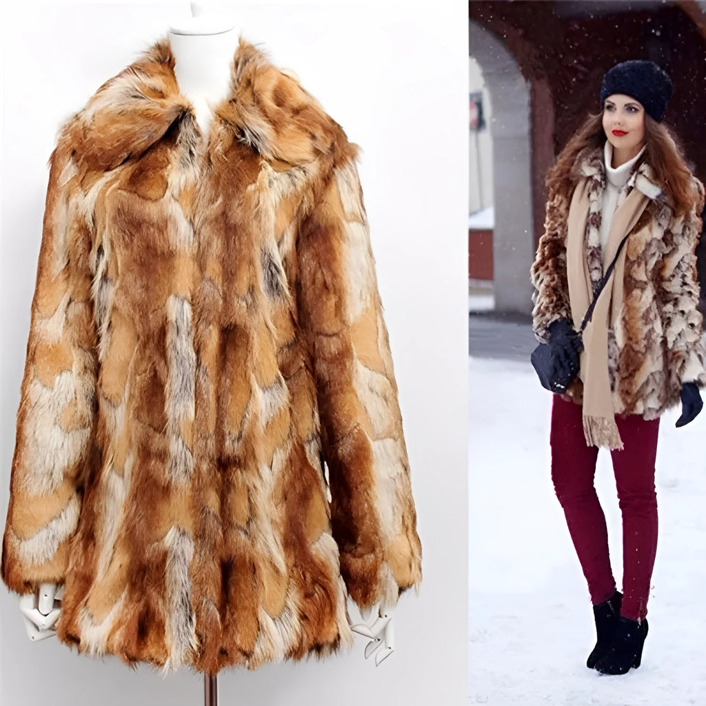Women's tiger pattern faux fur jacket with long sleeves, shown in a medium 65cm length streetwear style.