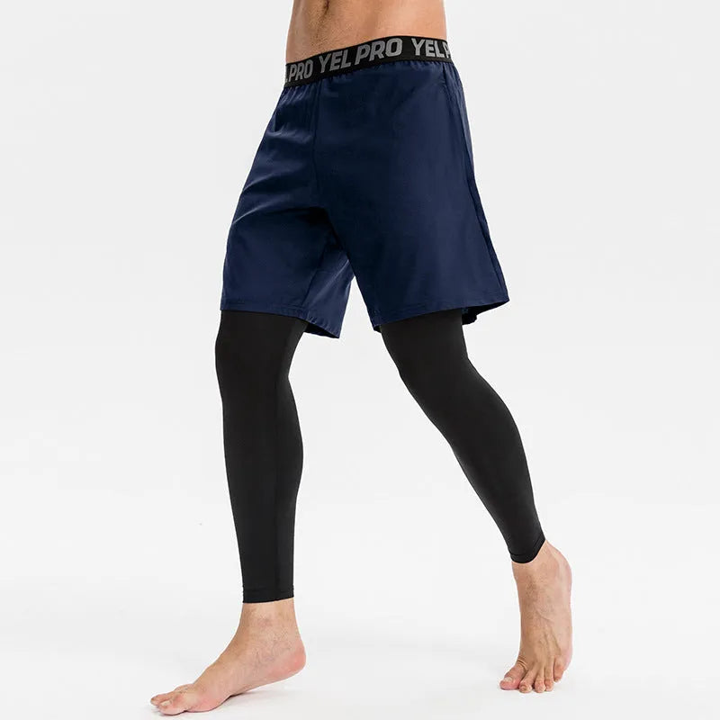 Man wearing grey high elastic tight sports pants for fitness exercise.