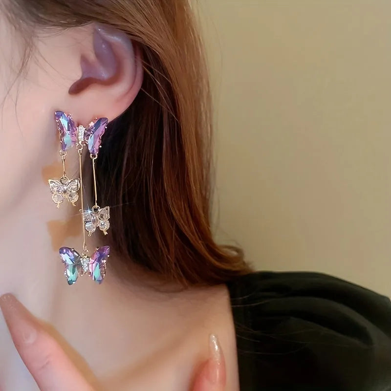 Silver needle blue purple butterfly colour crystal flower tassel earrings for women