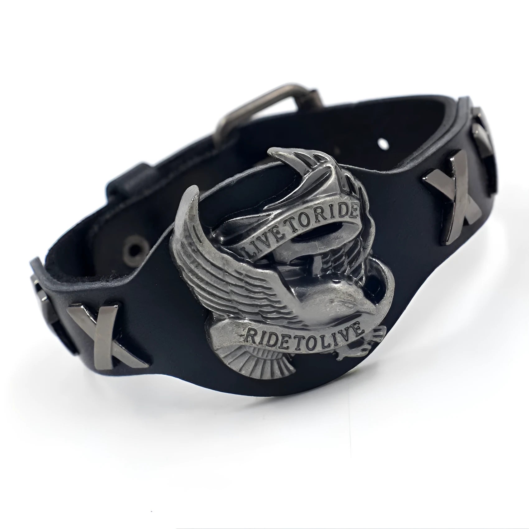 Geometric black leather bracelet with alloy eagle detailing showing tapered width design