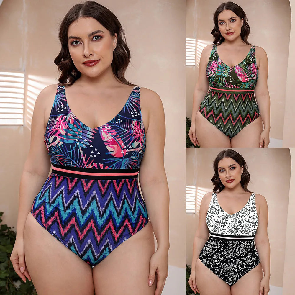 Women's blue striped vest print one-piece swimsuit with spaghetti straps on a mannequin.