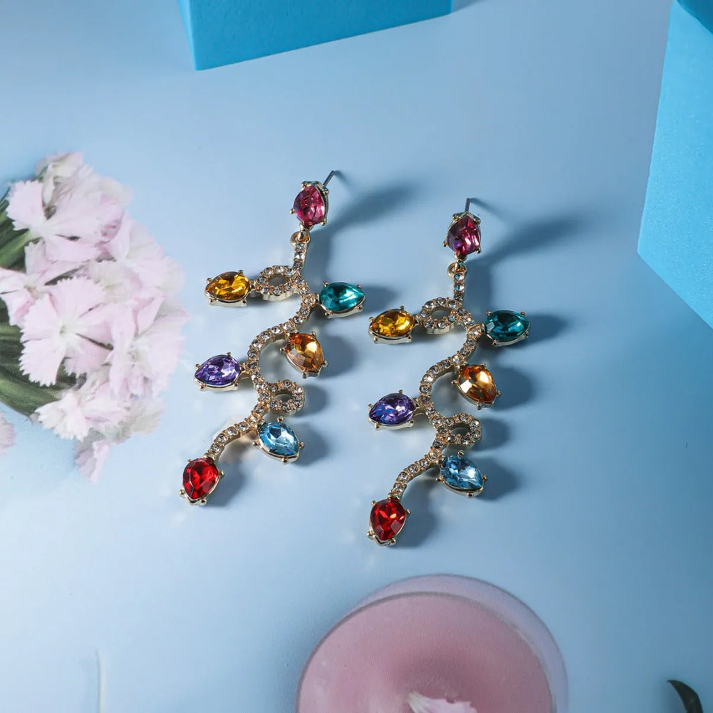 Retro fashion small lantern zircon stud earrings, colourful, alloy, geometric shape for women commuter OL style
