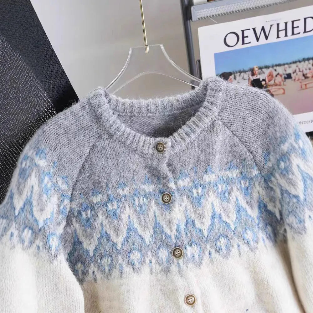 Women's loose fit jacquard sweater coat in milky white, brown, or navy blue.