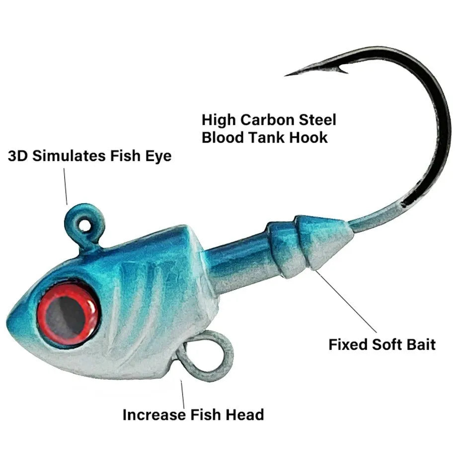 Fish-shaped lead head fishing hook in multiple weight options from 3.5g to 28g