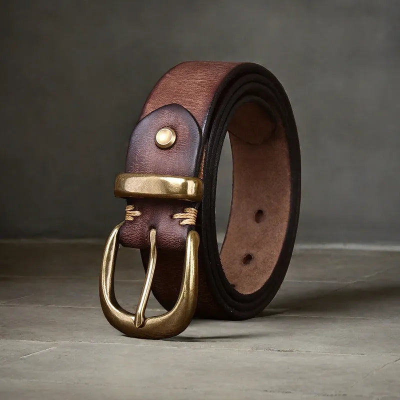 Men's genuine cowhide leather belt with copper pin buckle in black, brown, or khaki.
