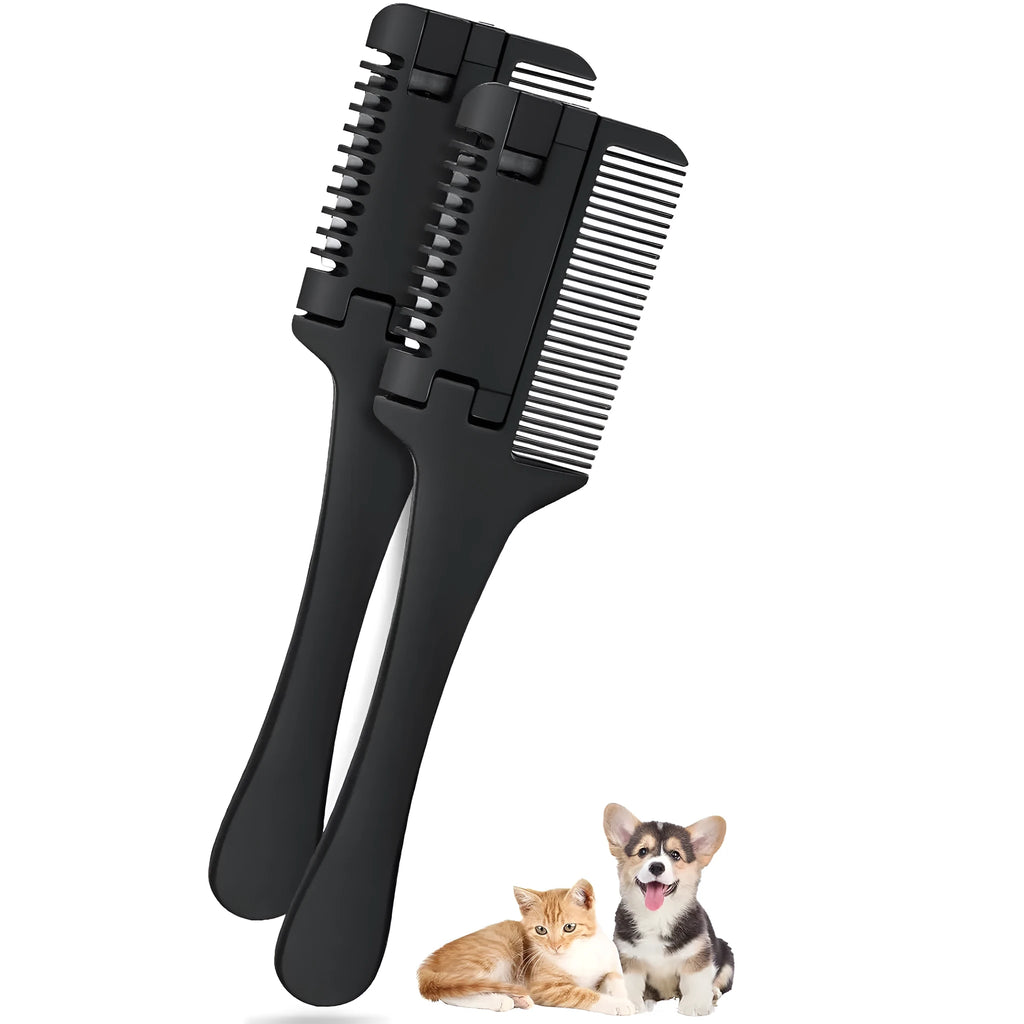 A razor comb for grooming dogs and cats with a comb and trimmer blade, includes 10 replacement blades.