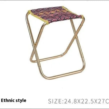 Black ethnic style folding camping stool with aluminium alloy frame, shown in folded and open positions.