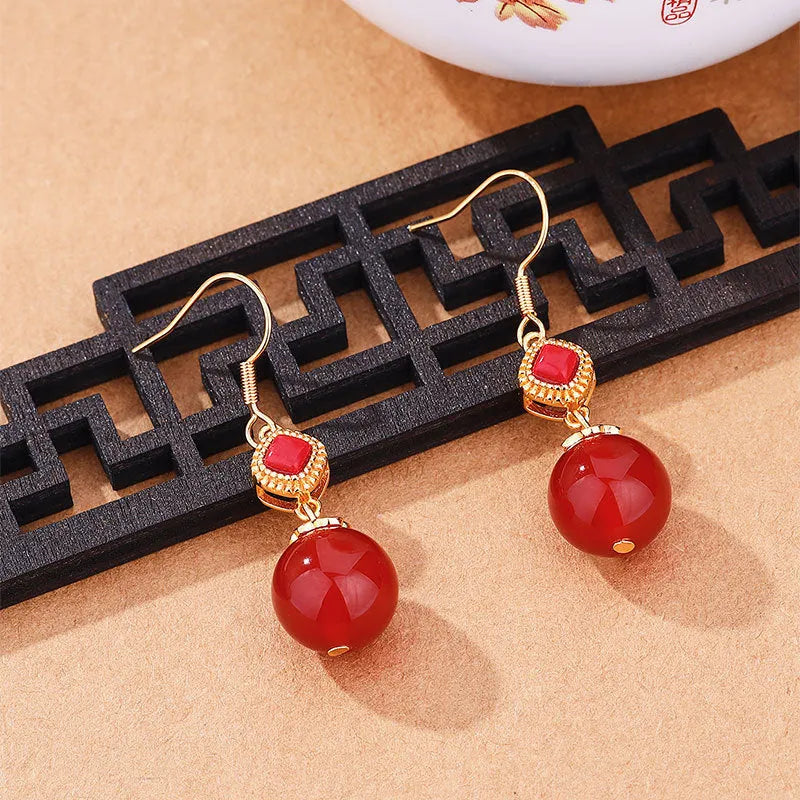 Geometric agate earrings with Southern Red Agate round beads and S925 silver inlay on copper alloy.