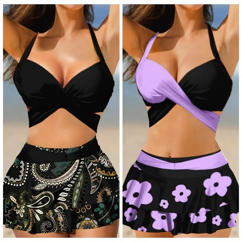 Purple women's bikini with lace-up front and matching high-waisted split skirt.