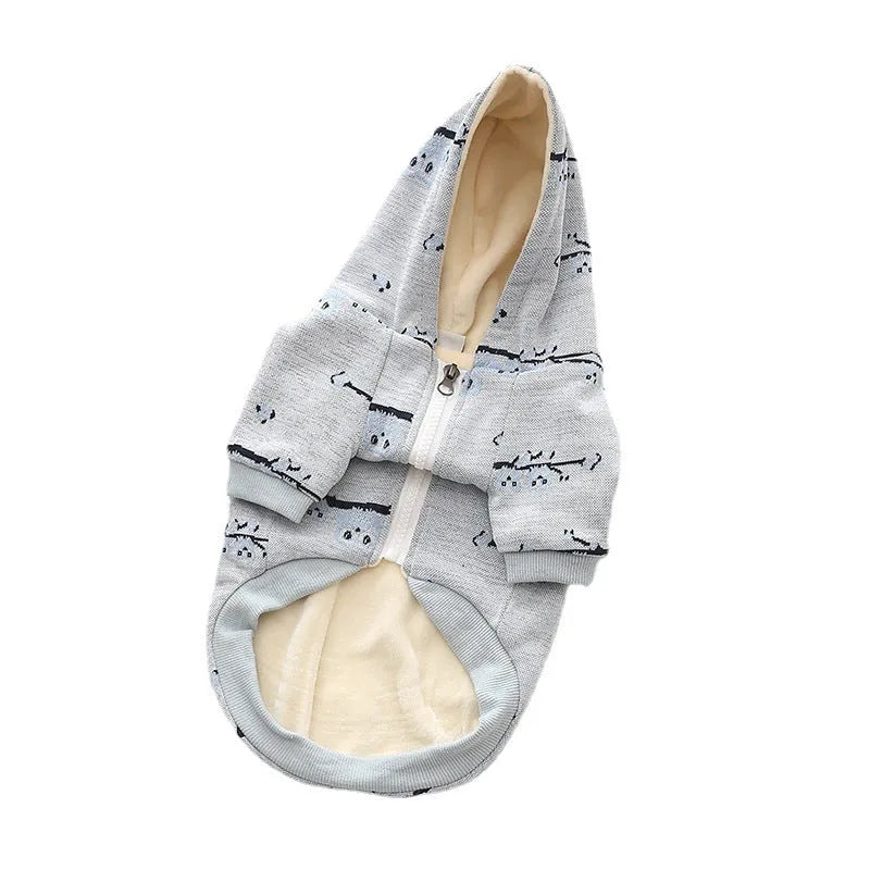 Blue cotton dog pattern sweater coat with front zipper closure on dog model