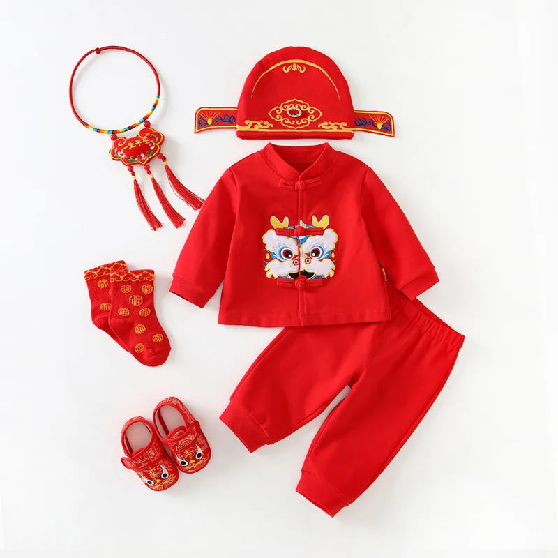 Girls cotton Tang suit dress in 036 Star Stone print with long sleeves and pants for one-year-old celebration