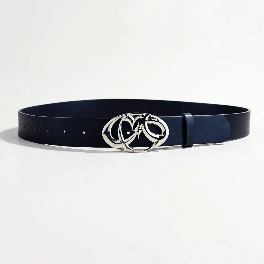 Silver buckle on a brown PU leather snap button belt laid flat showing its length.