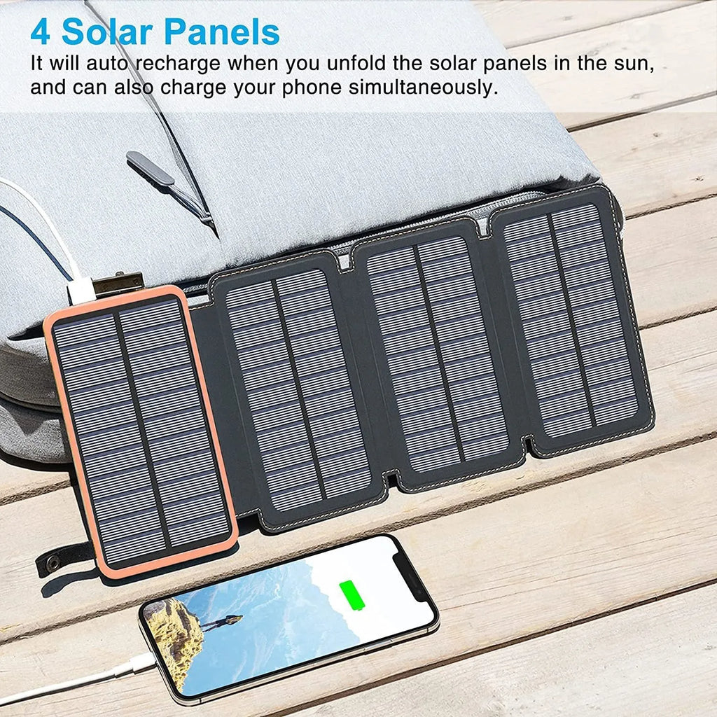 Outdoor solar power bank in multiple colours with solar panel, LED light, and leather casing.