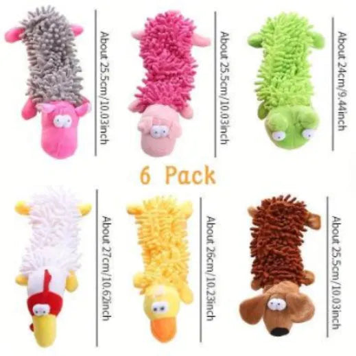 Soft brown plush dog toy shaped like a molar with animal print, alongside yellow duck and white chicken versions.