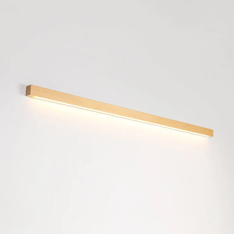 Walnut-coloured wood and acrylic linear LED strip wall lamp in a modern minimalist style.