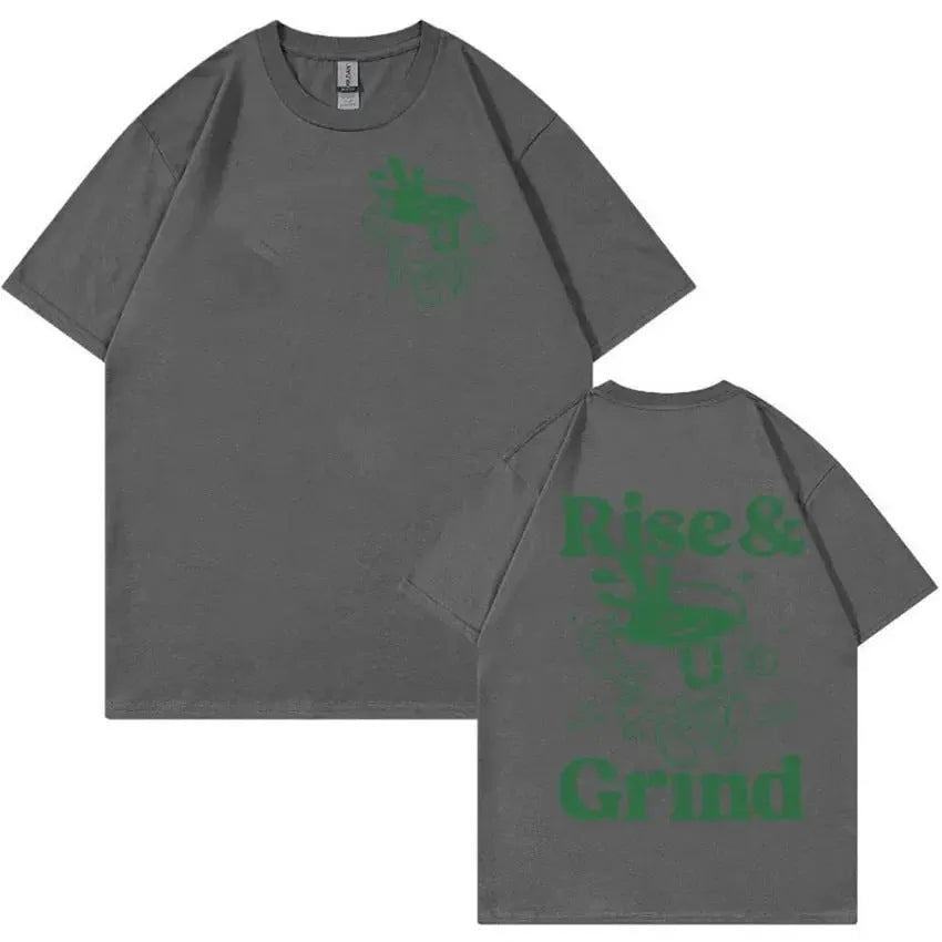 Rise And Grind green coffee cartoon print on a loose-fit linen T-shirt in khaki colour