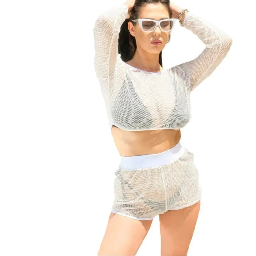 White transparent mesh ladies swimsuit with adjustable straps and skirt, showing breathable lining details