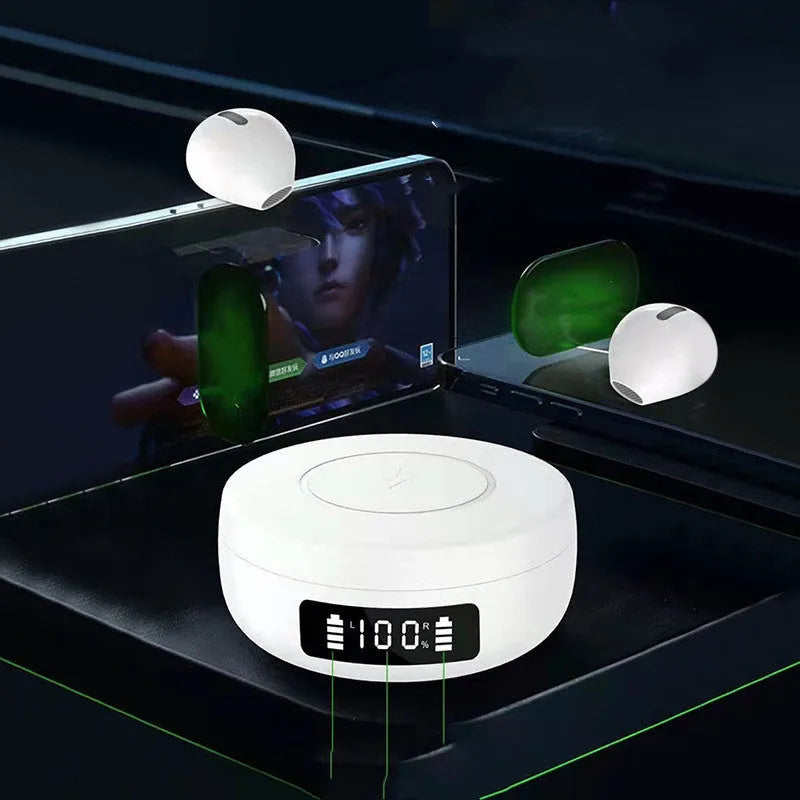 Mini semi-in-ear wireless headphones with charging case in black or white