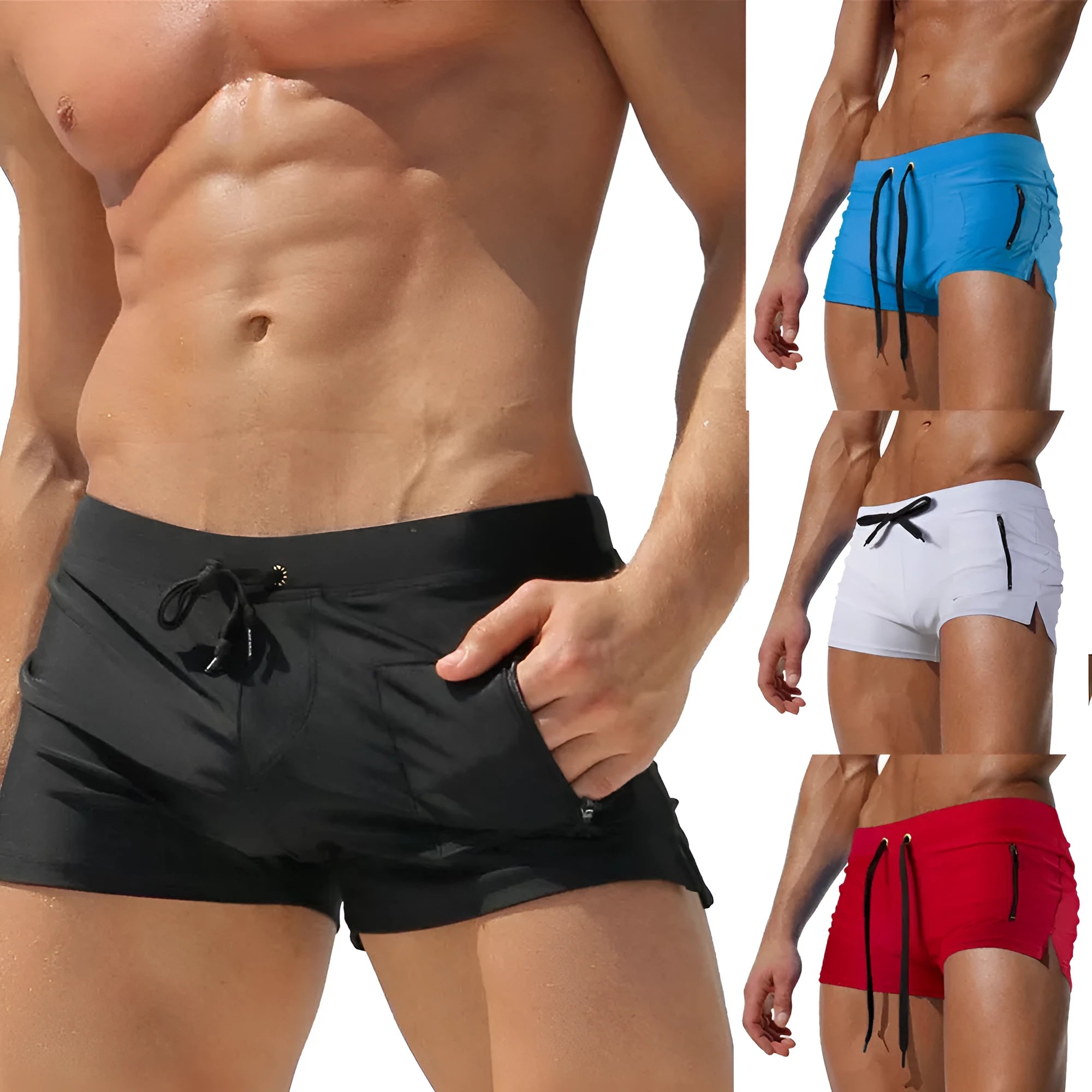 Men's solid colour polyester swimming trunks with lace-up waistband shown in black, dark blue, white, and red options