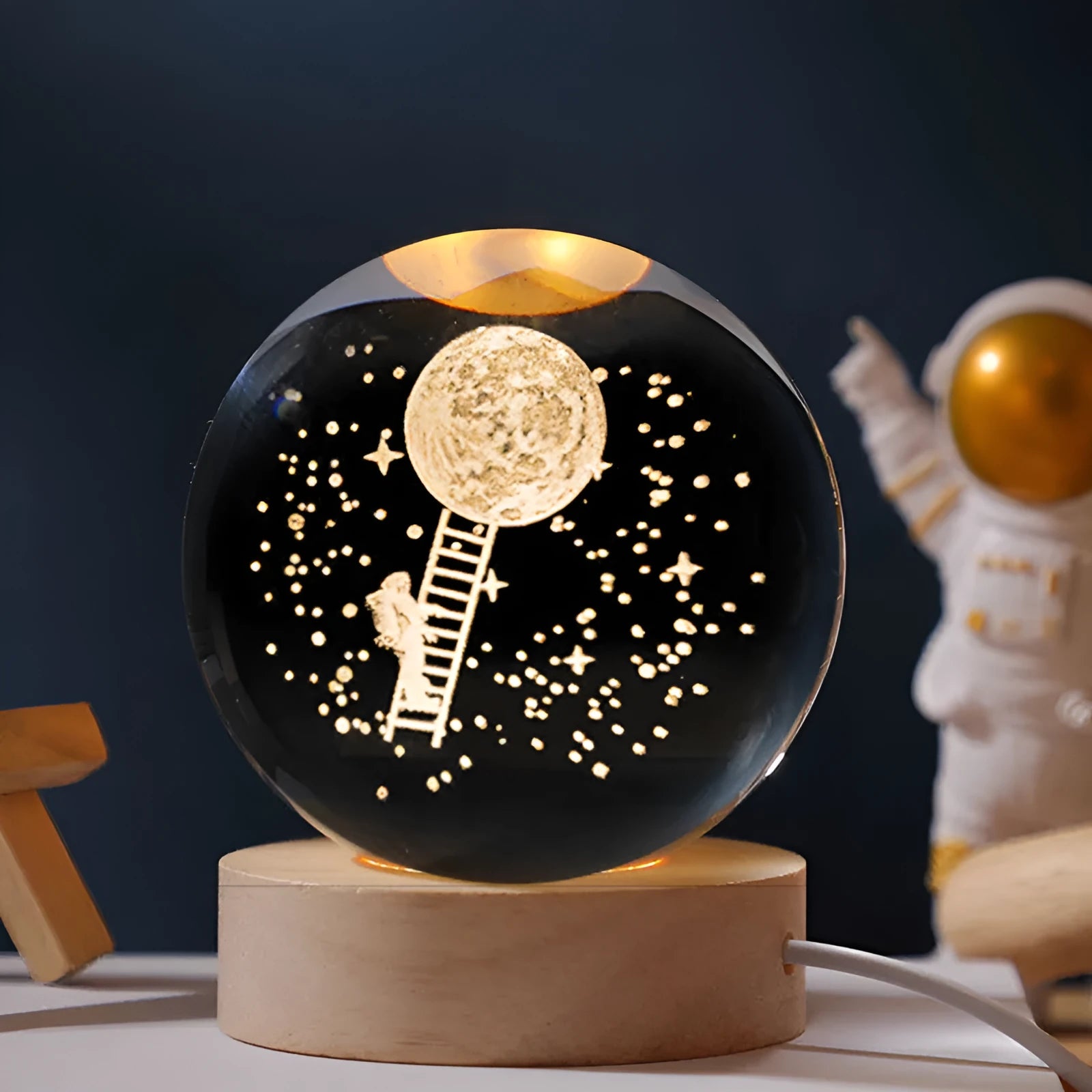 Starry sky luminous crystal ball on round wooden base with USB cable