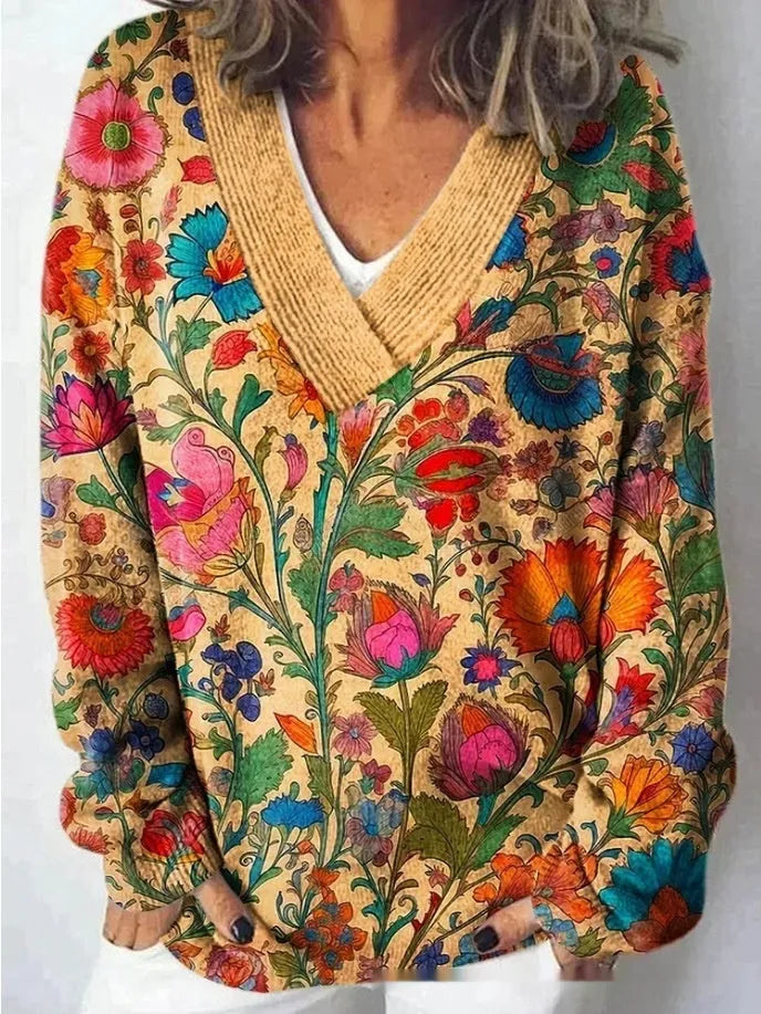 Women's V-neck sweatshirt with 3D floral printed pattern in art retro style