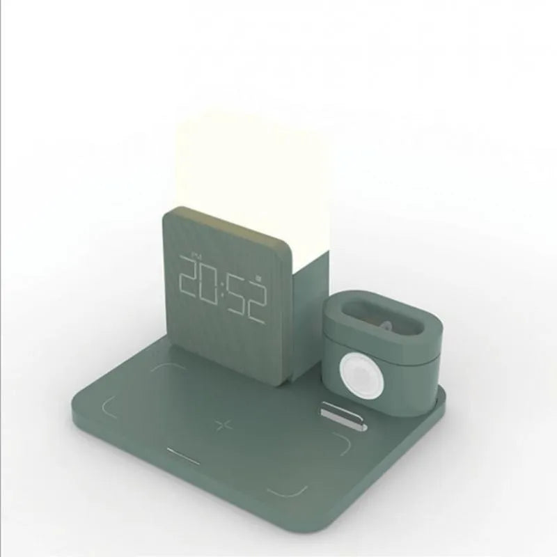 3 in 1 multi-function Qi wireless charger stand in dark green charging phone, watch and earbuds