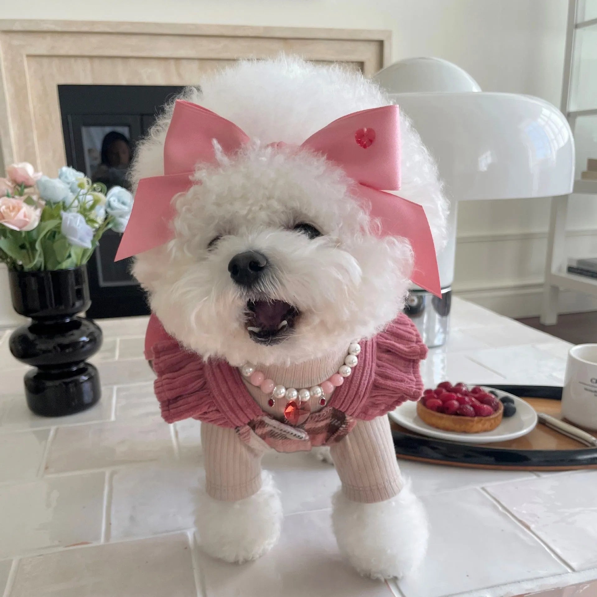 Adjustable dog hair band with princess style bow design in polyester cotton ribbon material