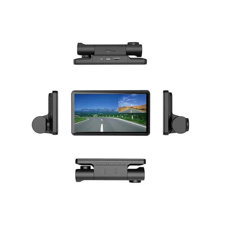 Three lens dashcam with 4 inch touch screen showing front rear and interior recording angles black plastic