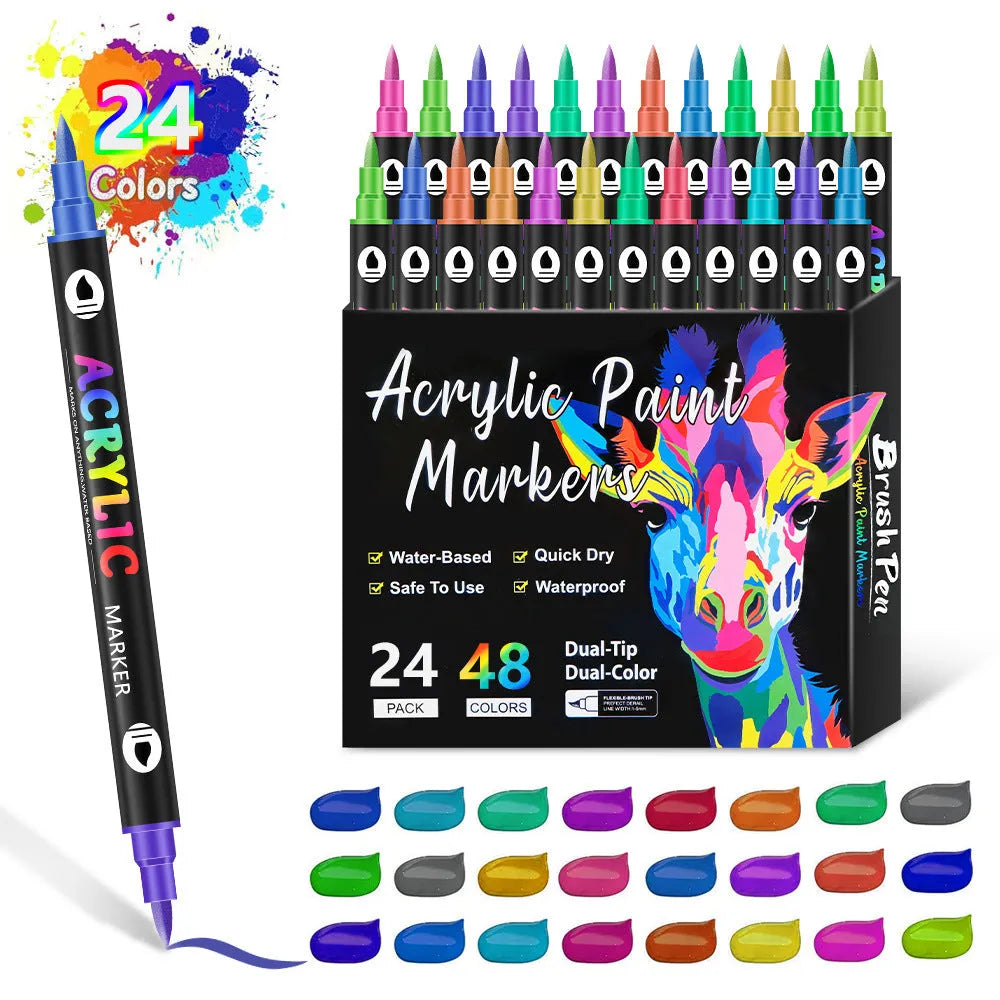 Set of double-headed washable acrylic marker pens with fine and broad tips in multiple colours