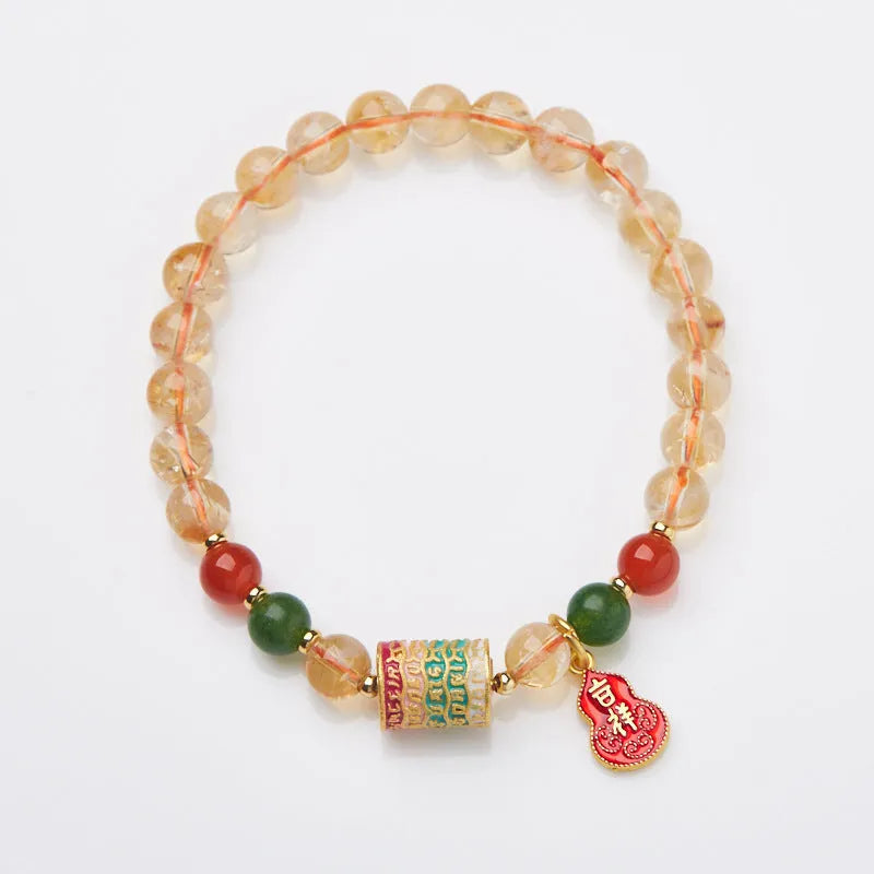Hand-woven citrine crystal bracelet with geometric five-warp pattern and 6mm beads