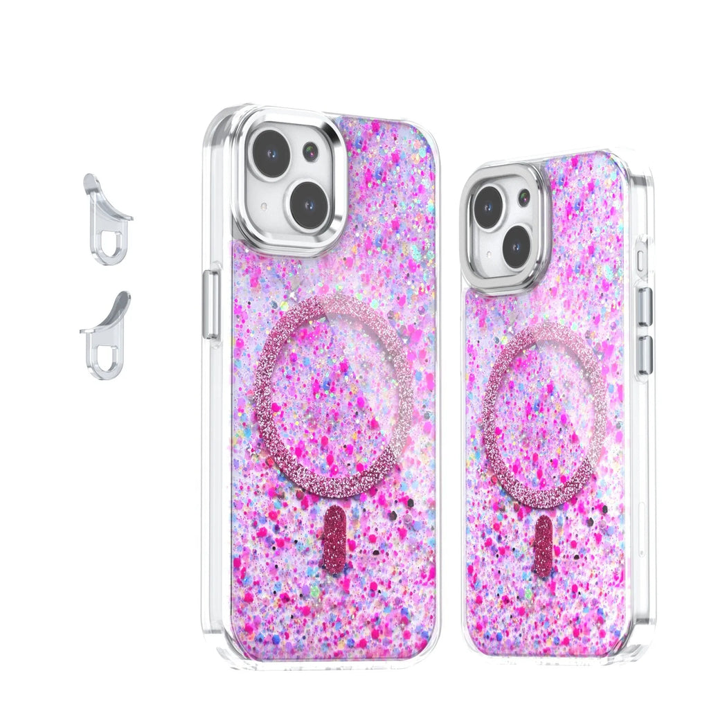 Transparent TPU phone case with sequins, glitter, and epoxy finish for iPhone, magnetic attraction, spray finish, multiple colour options