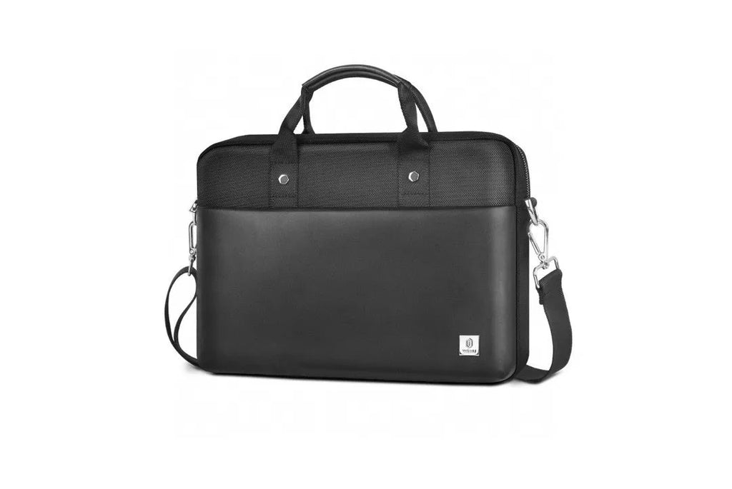Black Oxford cloth laptop backpack with multiple pockets and a lock, shown in 14-inch and 15.6-inch sizes.