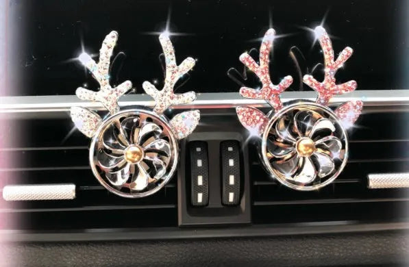 Car aromatherapy ornament with diamond-encrusted antler design made of alloy and rhinestone in white and pink for vehicle interior