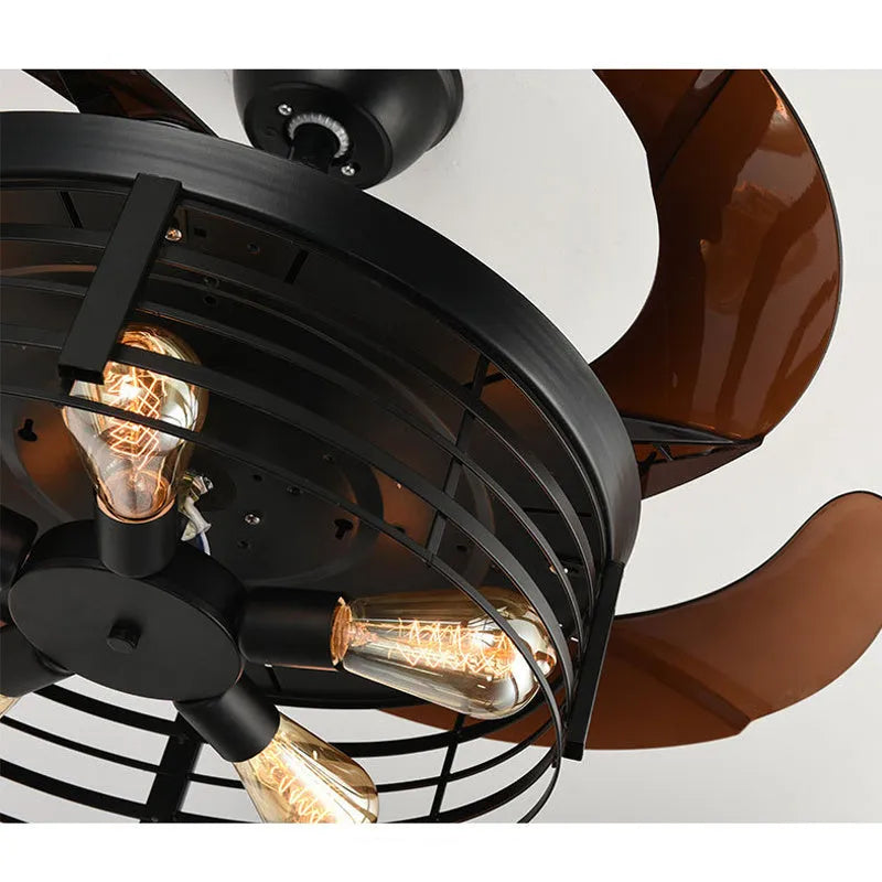 Industrial ceiling fan lamp with integrated lighting and acrylic blades in American retro style