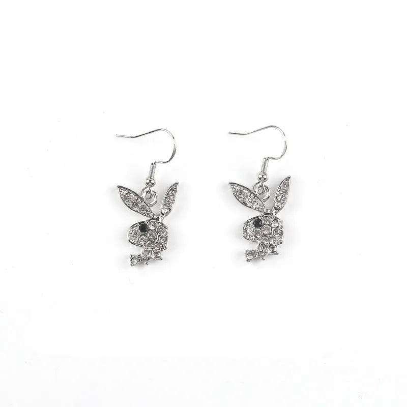 Rabbit-shaped stud earrings covered in crystals with butterfly clutch fastenings in silver, pink and gold colours