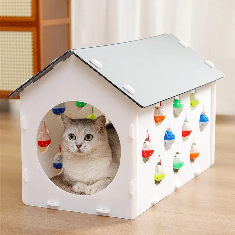 Integrated cat scratch board and nest with plastic tunnel and bell ball toy