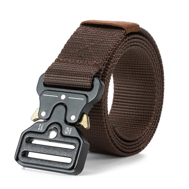 Men's canvas tactical belt with alloy buckle in Army Green colour showing length and buckle detail
